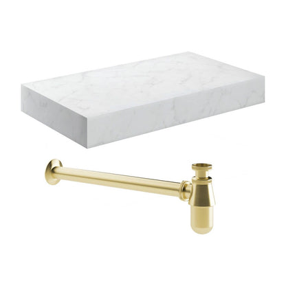 Étagère murale pour lavabo en marbre blanc Hayes de 800 mm et siphon à bouteilles en laiton brossé