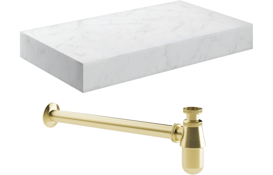 Hayes 800mm Wall Hung White Marble Basin Shelf & Bottle Trap