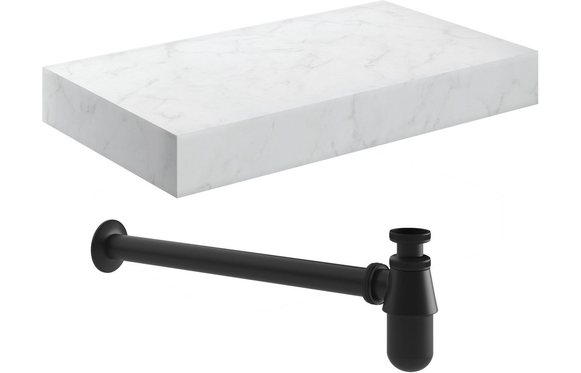 Hayes 800mm Wall Hung White Marble Basin Shelf & Bottle Trap