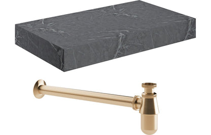 Hayes 800mm Wall Hung Grey Marble Basin Shelf & Brushed Bronze Bottle Trap