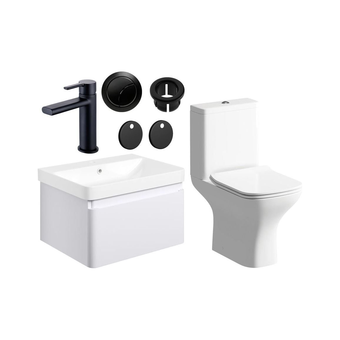 Prisca 600mm Basin Unit & Close Coupled WC Pack - Matt White w/Black Finishes