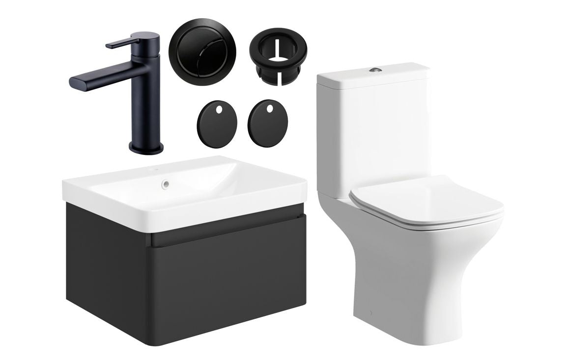 Prisca 600mm Basin Unit & Close Coupled WC Pack - w/Black Finishes