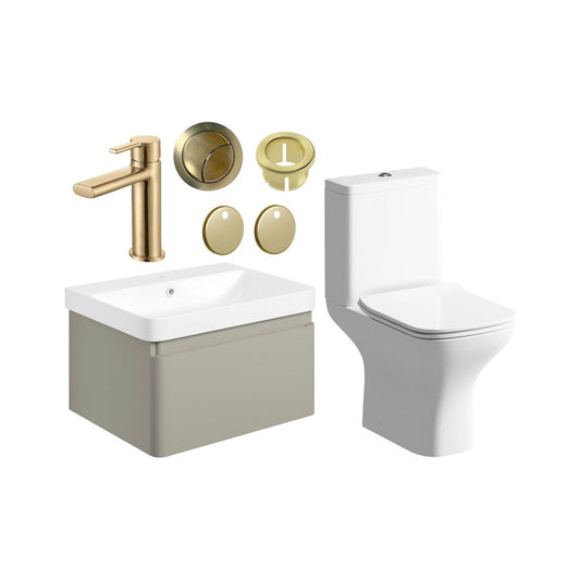 Prisca 600mm Basin Unit & Close Coupled WC Pack - Matt Latte w/Brushed Brass Finishes