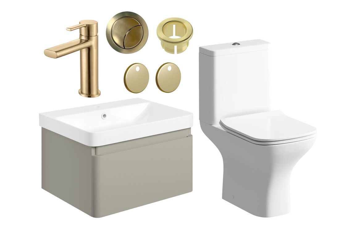 Prisca 600mm Basin Unit & Close Coupled WC Pack - w/Brushed Brass Finishes