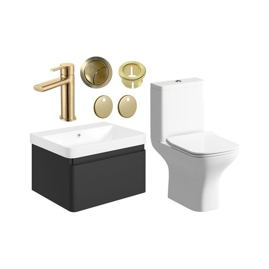 Prisca 600mm Basin Unit & Close Coupled WC Pack - Matt Black w/Brushed Brass Finishes