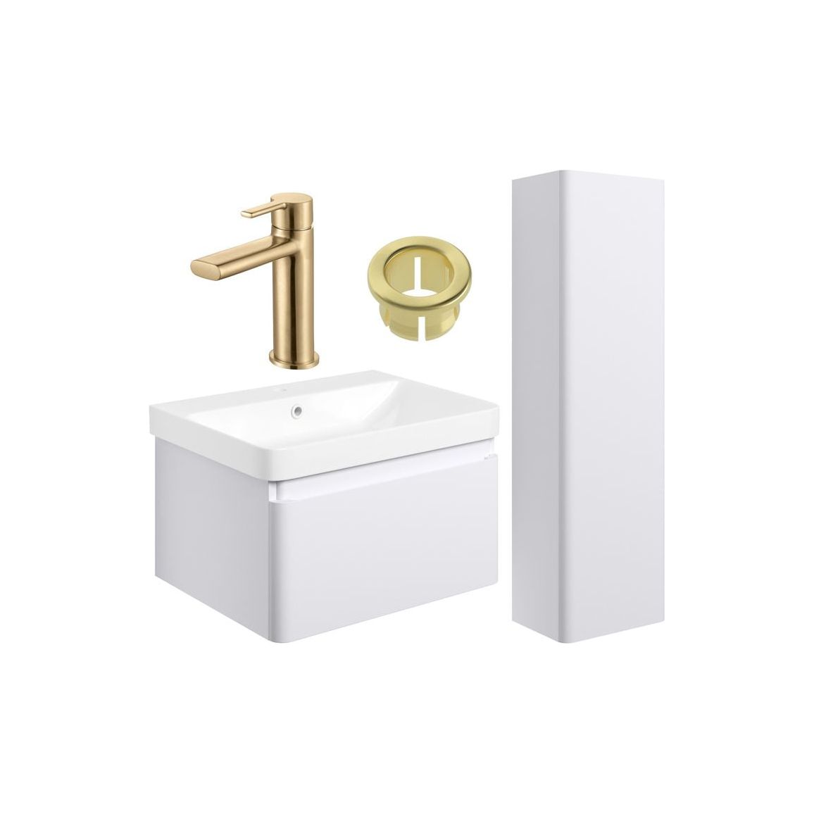 Prisca 600mm Basin Unit & Tall Unit Pack - Matt White w/Brushed Brass Finishes