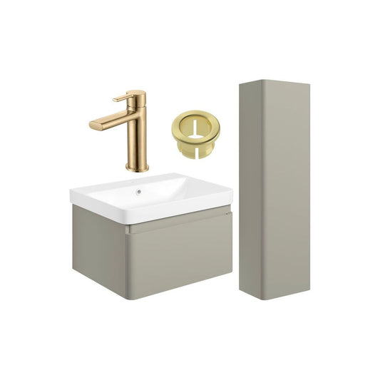 Prisca 600mm Basin Unit & Tall Unit Pack - Matt Latte w/Brushed Brass Finishes