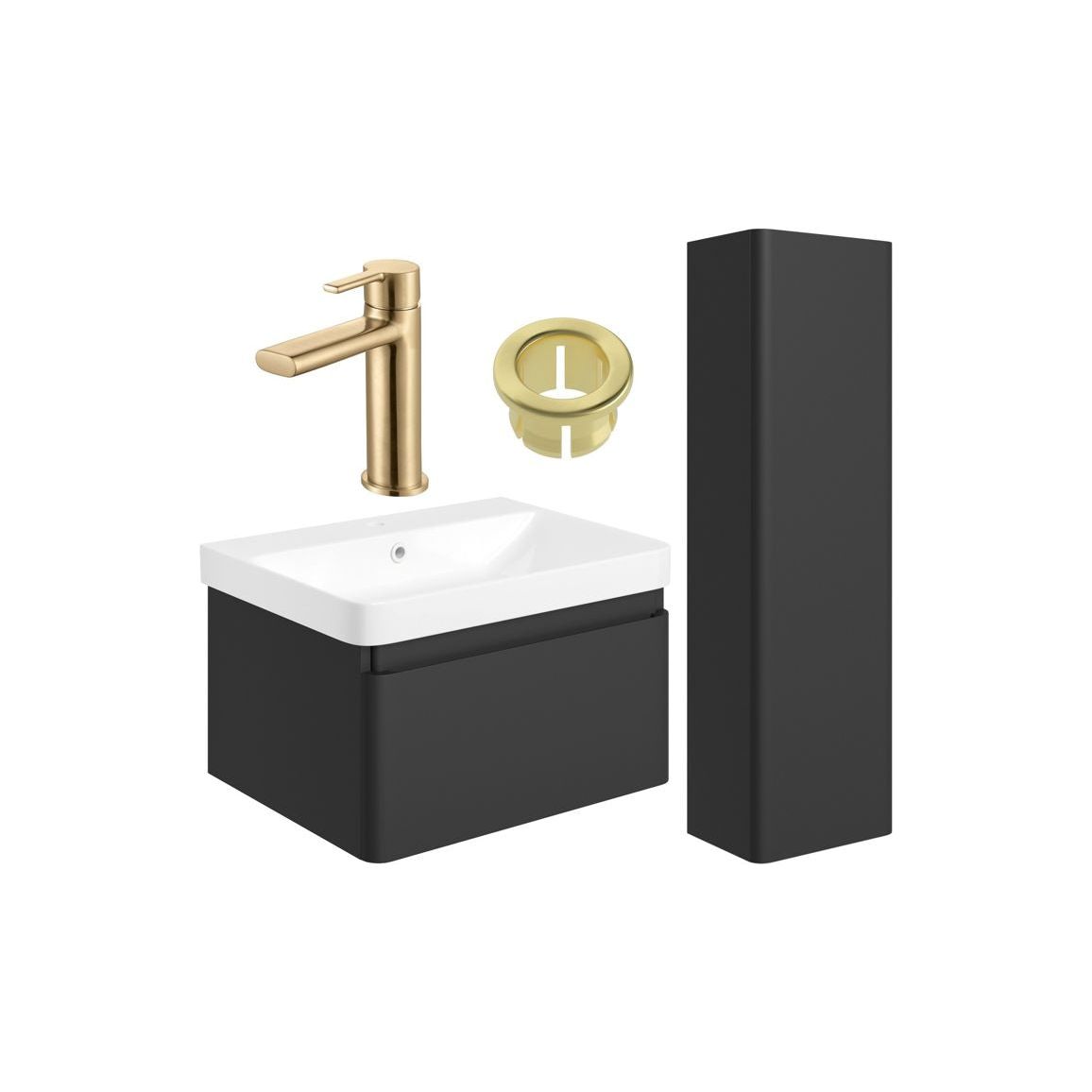 Prisca 600mm Basin Unit & Tall Unit Pack - Matt Black w/Brushed Brass Finishes