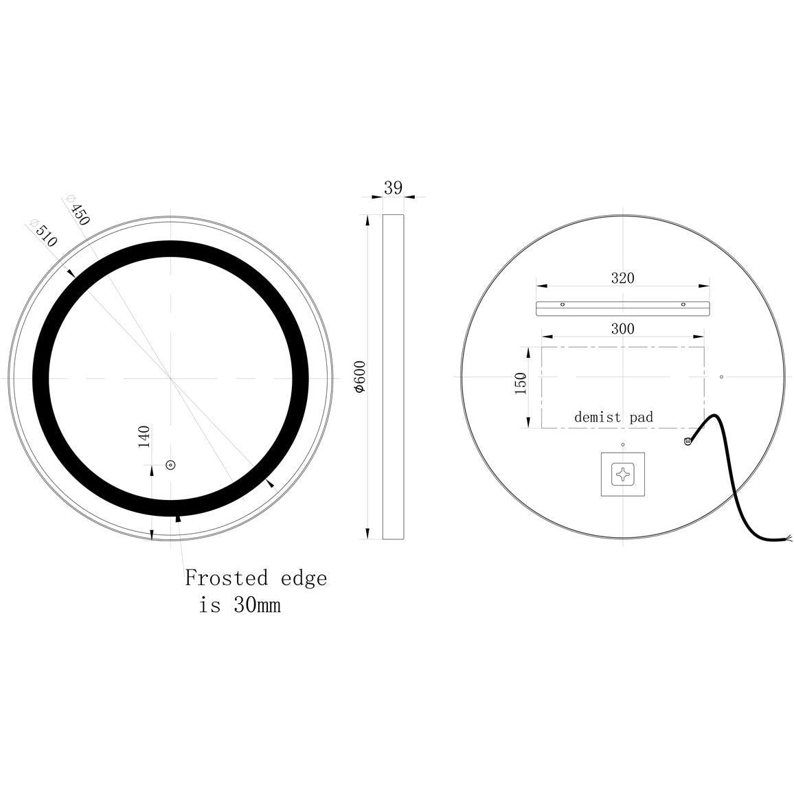 Miroir LED rond Rhine 600 mm à éclairage frontal - Laiton brossé