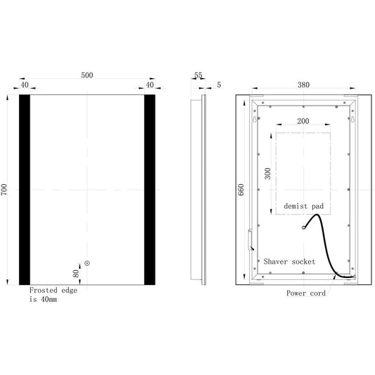 Espejo LED rectangular con iluminación frontal Erie de 600 x 800 mm