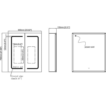 Armoire à miroir LED à éclairage frontal, 2 portes, 600 mm, Rika 