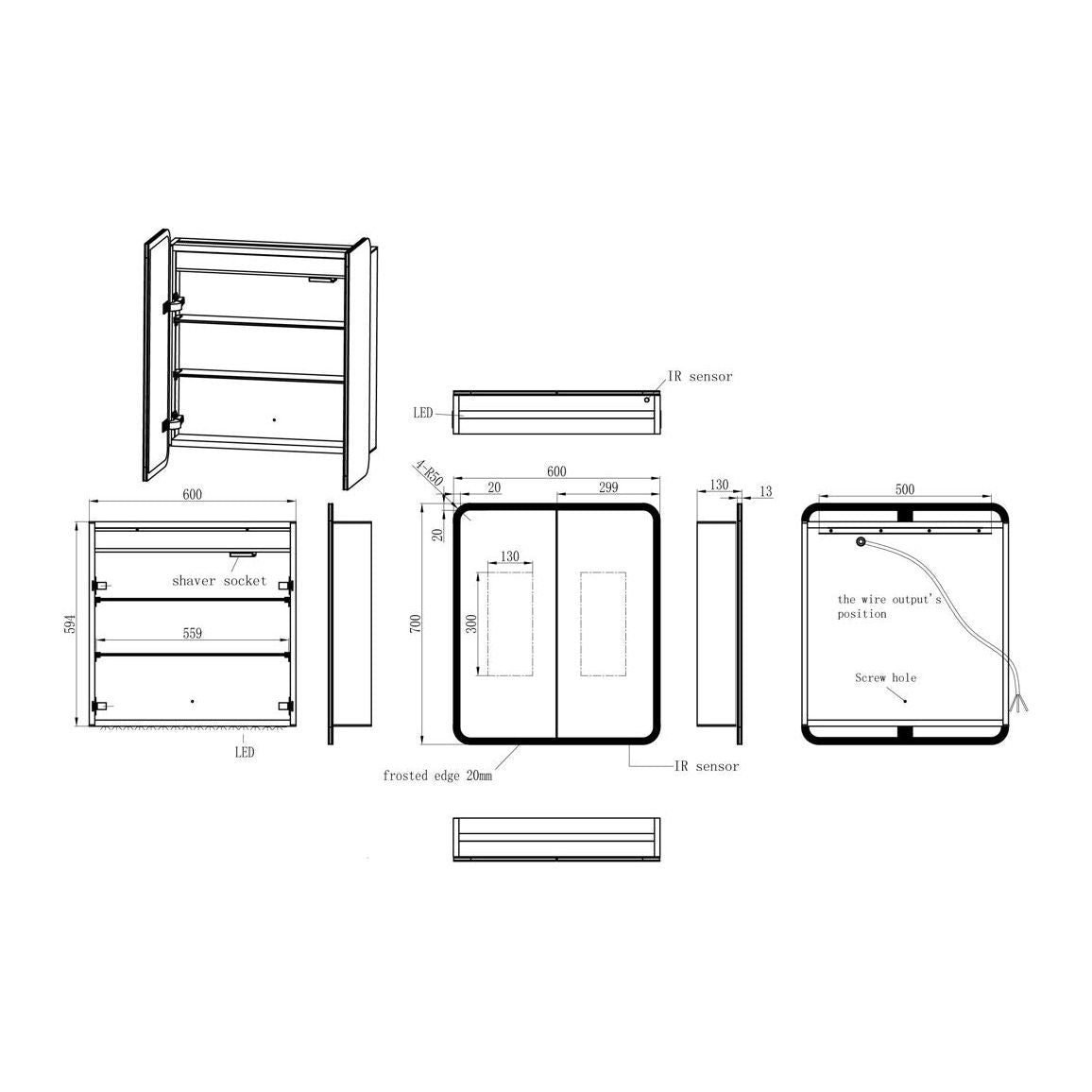 Armoire à miroir LED 2 portes Akari 600 mm 