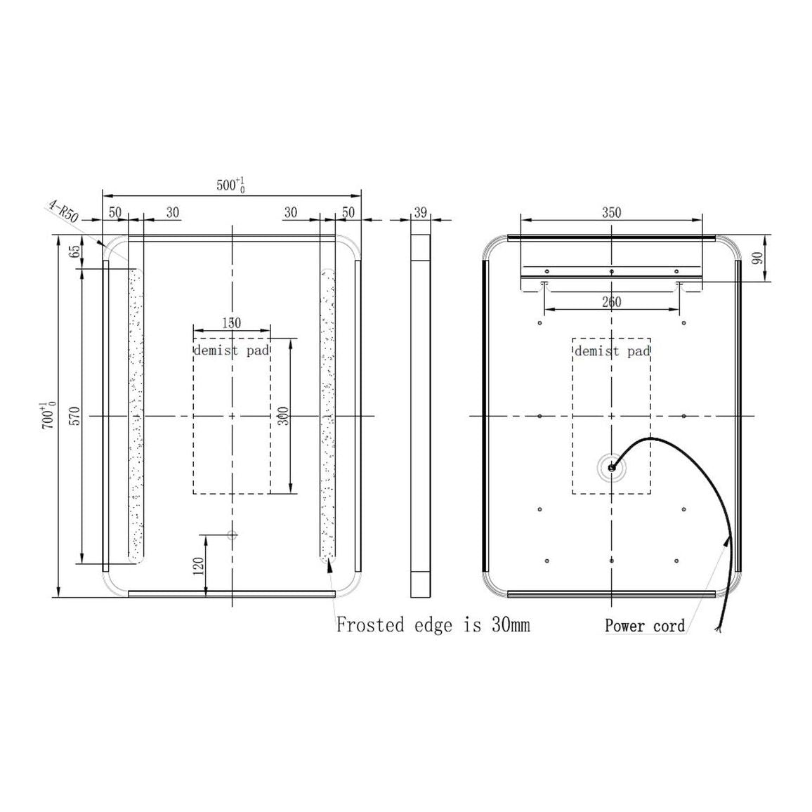 Miroir LED arrondi à éclairage frontal Osun 500 x 700 mm - Noir 