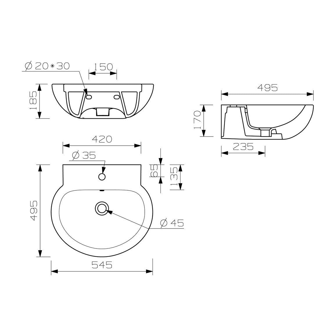 Lavabo Harley 535x490mm 1TH y pedestal completo