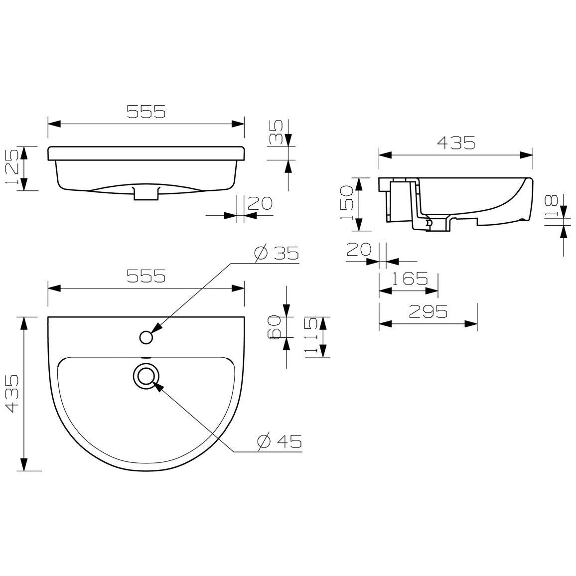 Alor 555x435mm 1TH Lavabo semi-encastré