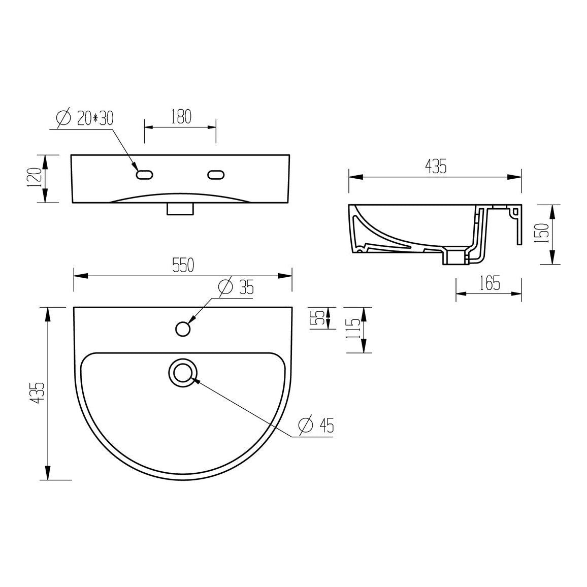 Alor 555x430mm 1TH Bassin et socle complet