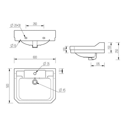 Bonny 600x500mm 1TH Basin & Full Pedestal