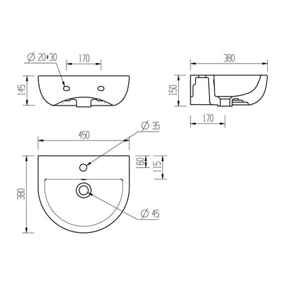 Opobo Lavabo para guardarropa 1TH de 450 x 400 mm y sifón para botellas negro