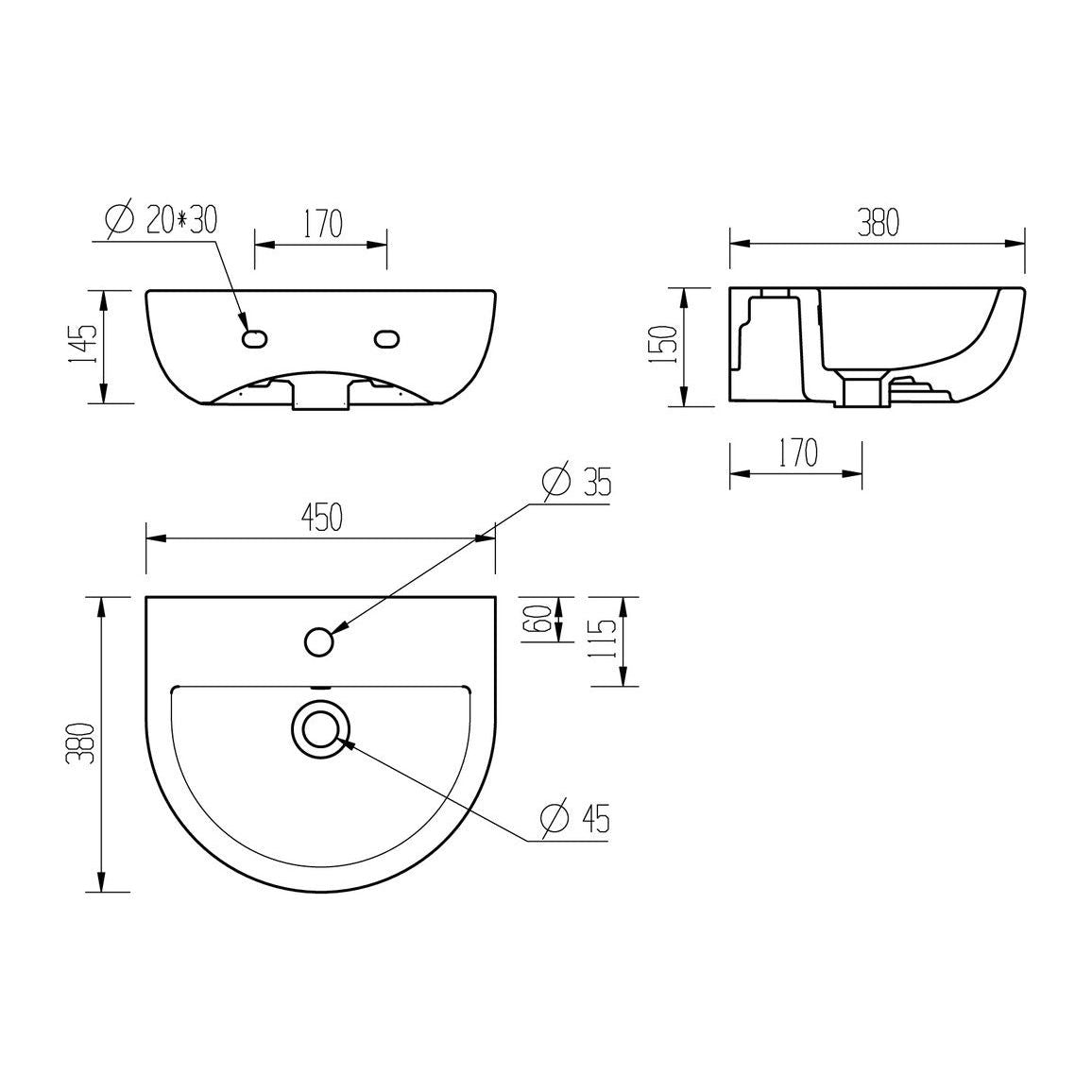 Opobo Lavabo para guardarropa 1TH de 450 x 400 mm y sifón para botellas cromado