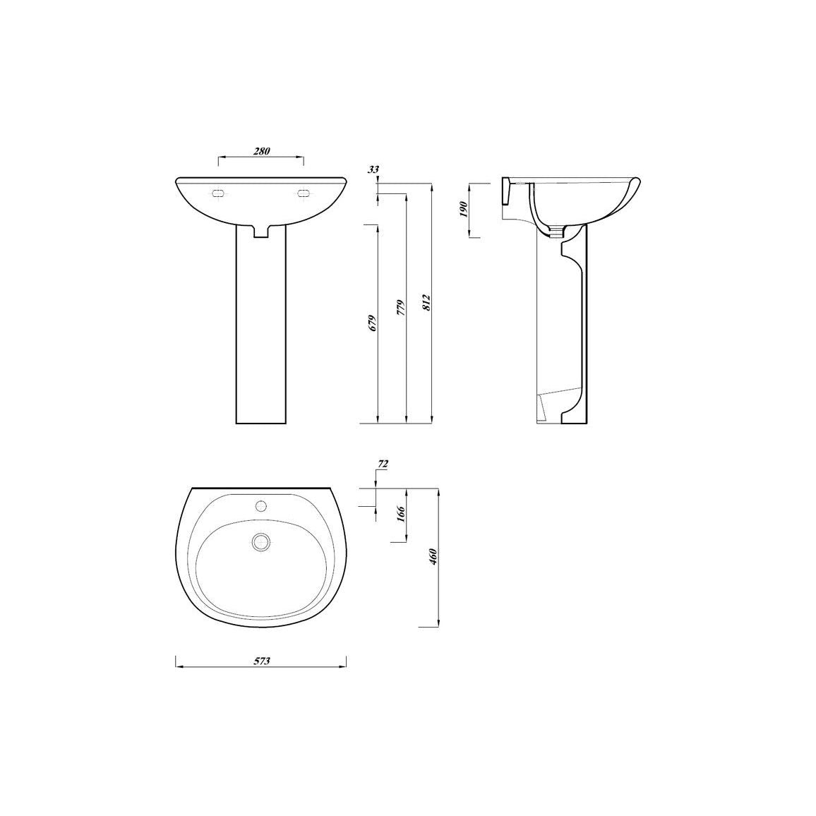 Pepple 573x460mm 1TH Basin & Full Pedestal