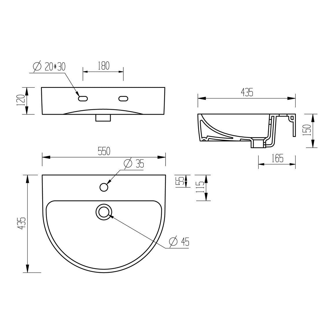 Banham 555x430mm 1TH Lavabo y pedestal completo