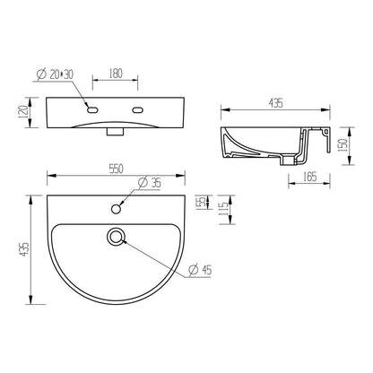 Banham 555x430mm 1TH Lavabo y pedestal completo