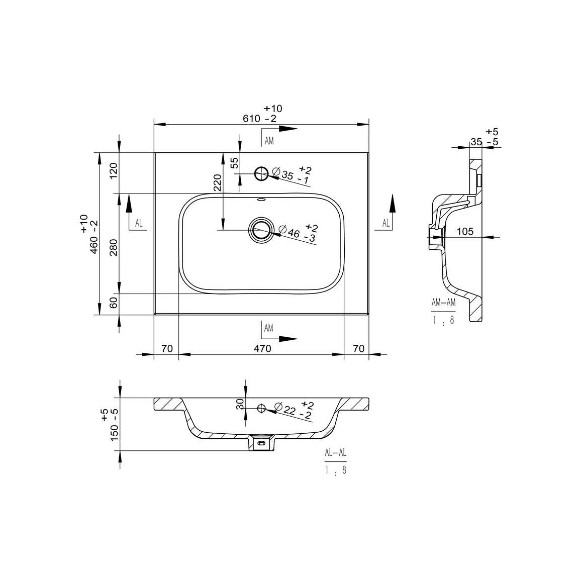 Mueble para lavabo y lavabo suspendido con 2 cajones y 610 mm Bateba - Gris brillante