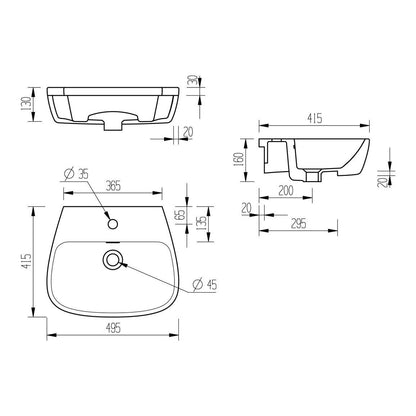 Finima 495x415mm 1TH Semi Recessed Basin