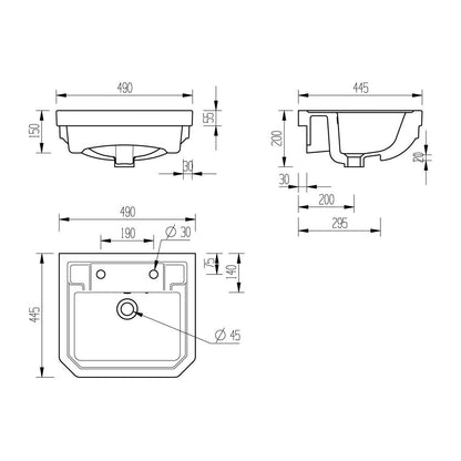 Bonny 495x445mm 2TH Semi Recessed Basin