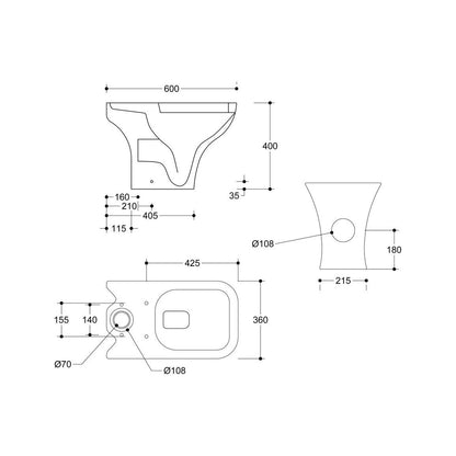 Awka Short Projection Close Coupled Open Back WC & Slim Soft Close Seat