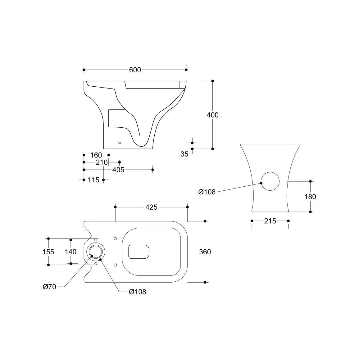 Awka Rimless Short Projection Close Coupled Open Back WC & Wrapover Soft Close Seat