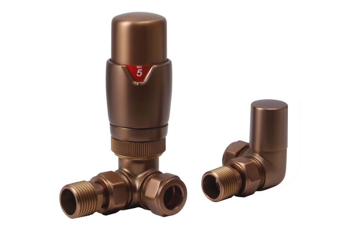 Round Thermostatic Brushed Bronze Radiator Valves