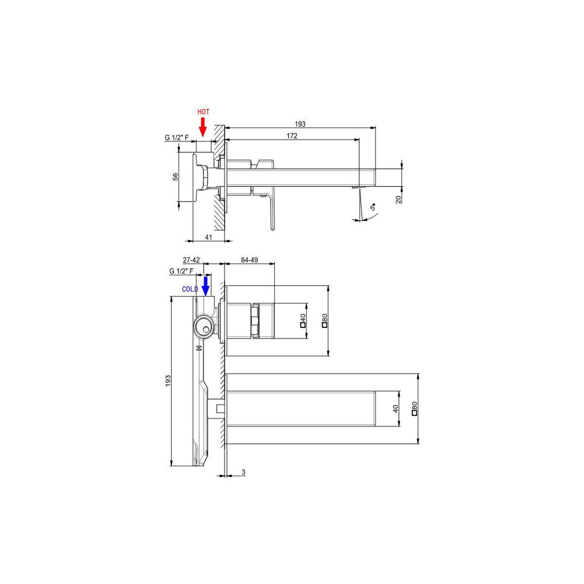 Vema Lys Mitigeur de Lavabo Mural - Chrome