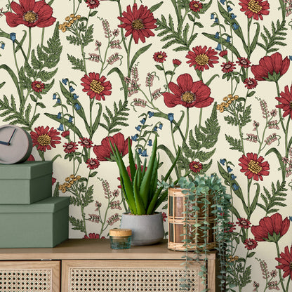 Fine Decor Wild Meadow Red Wallpaper (FD43335)