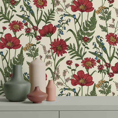 Fine Decor Wild Meadow Red Wallpaper (FD43335)