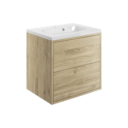 Frontage 600mm 2 Drawer Wall Hung Basin Unit Inc. Basin - Havana Oak