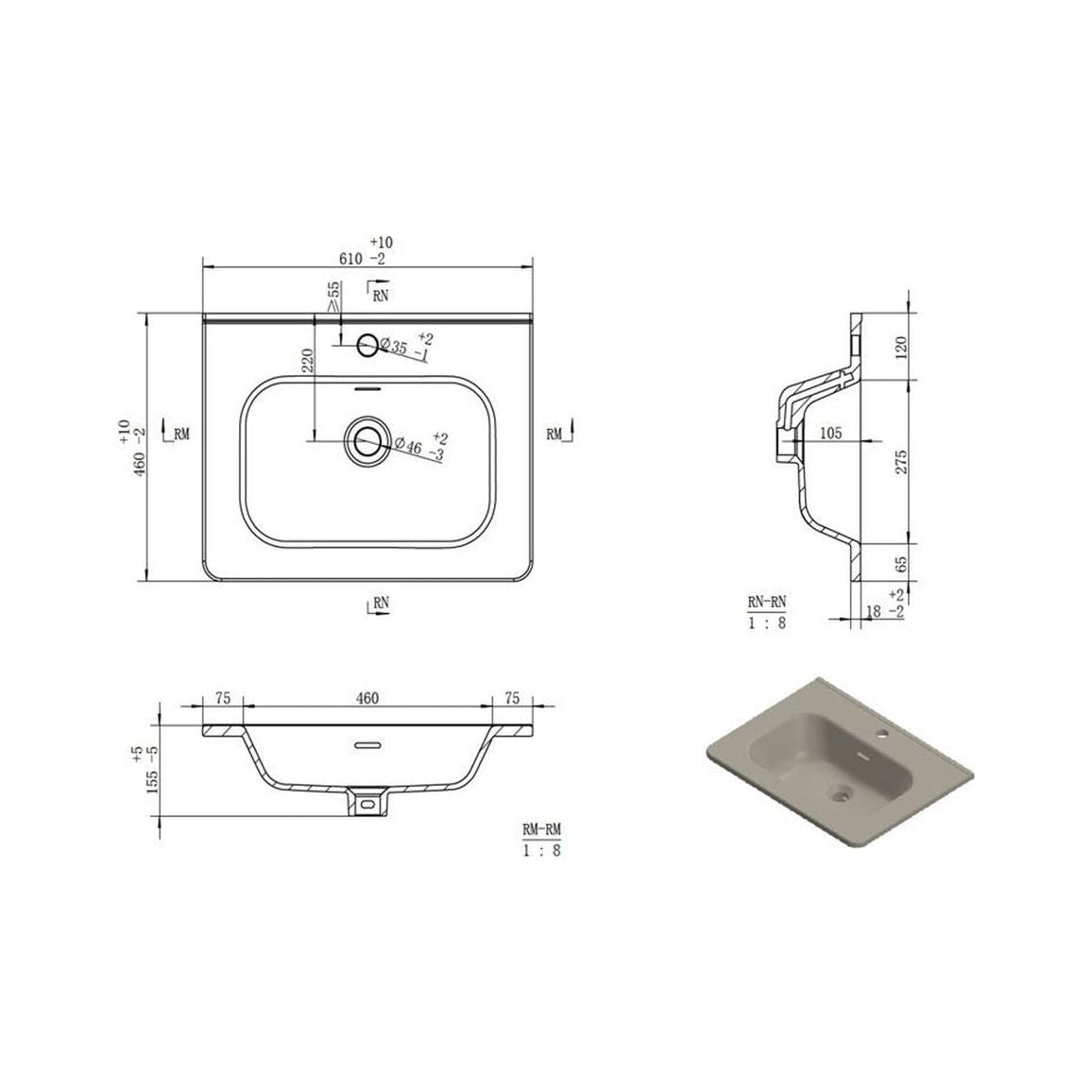 Mueble de pared con 2 cajones y lavabo Engleman de 610 mm - Gris brillante