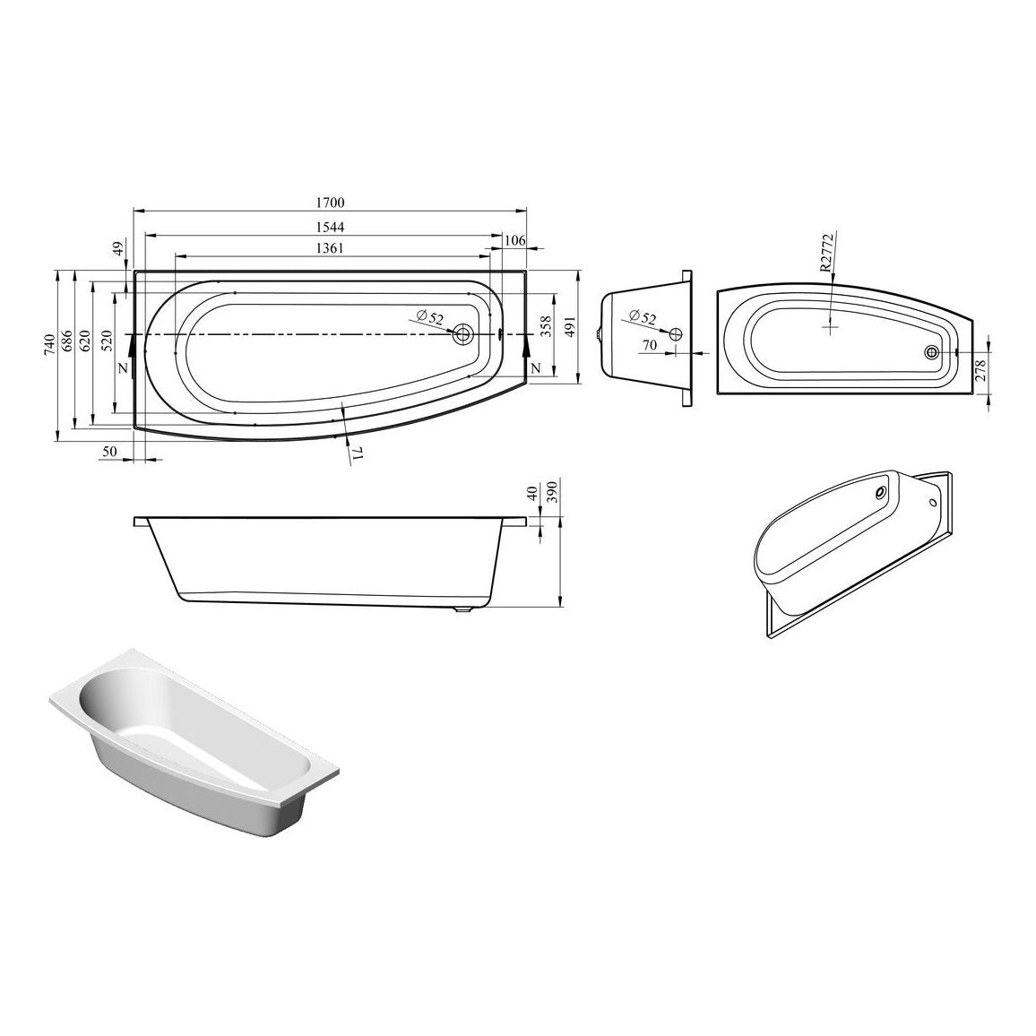 Bedwell Space Saving 1700x740x560mm 0TH Baignoire avec pieds (LH)