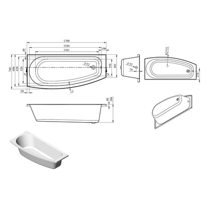 Bedwell Space Saving 1700x740x560mm 0TH Baignoire avec pieds (LH)