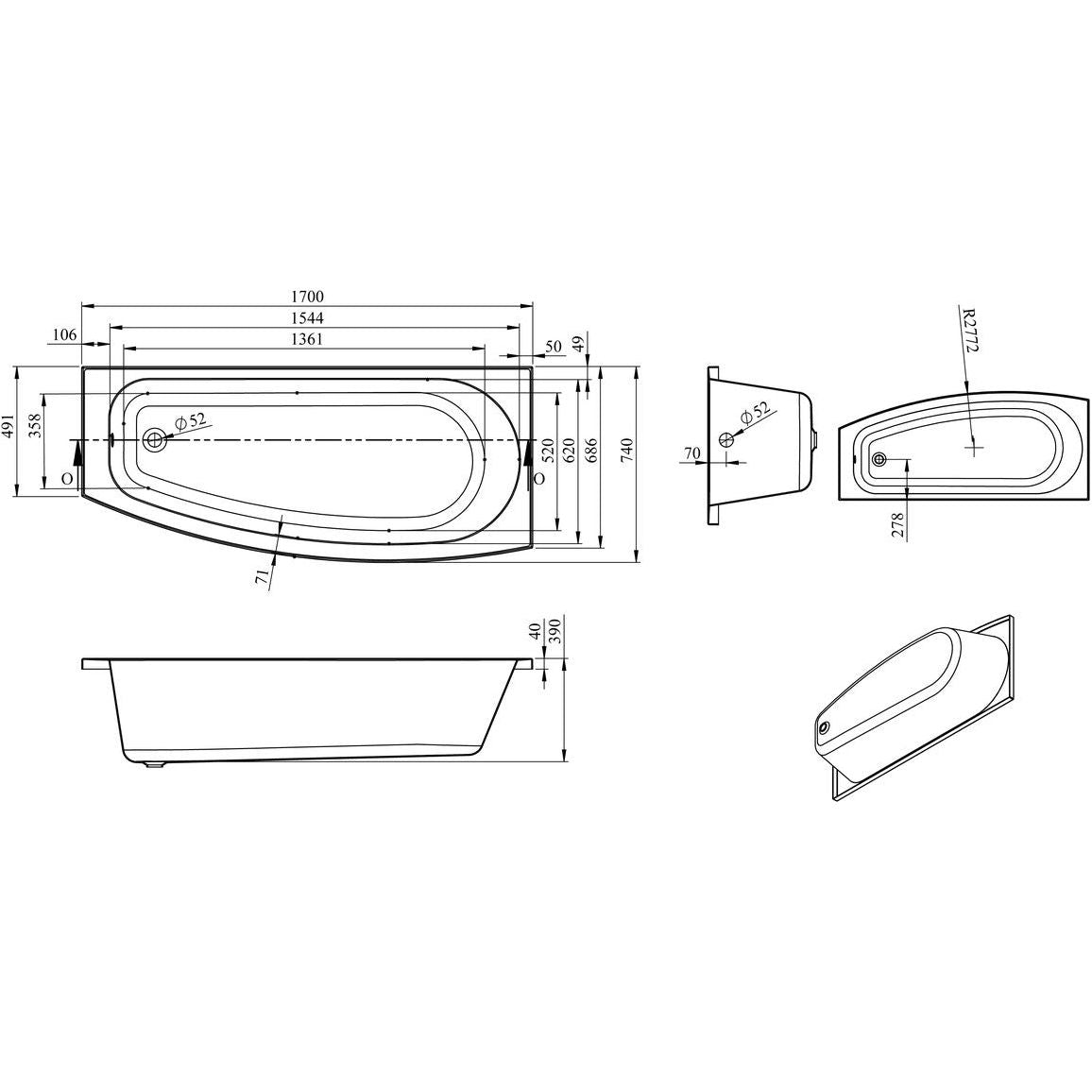 Bedwell Space Saving 1700x740x560mm 0TH Baignoire avec pieds (RH)