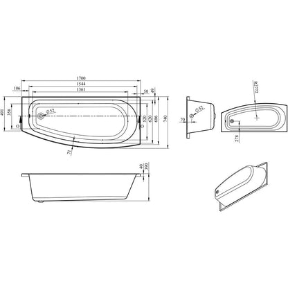 Bedwell Space Saving 1700x740x560mm 0TH Baignoire avec pieds (RH)