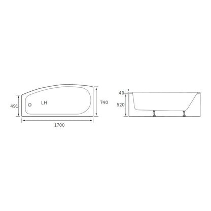 Bedwell Space Saving 1700x740x560mm 0TH Bath w/Legs (LH)