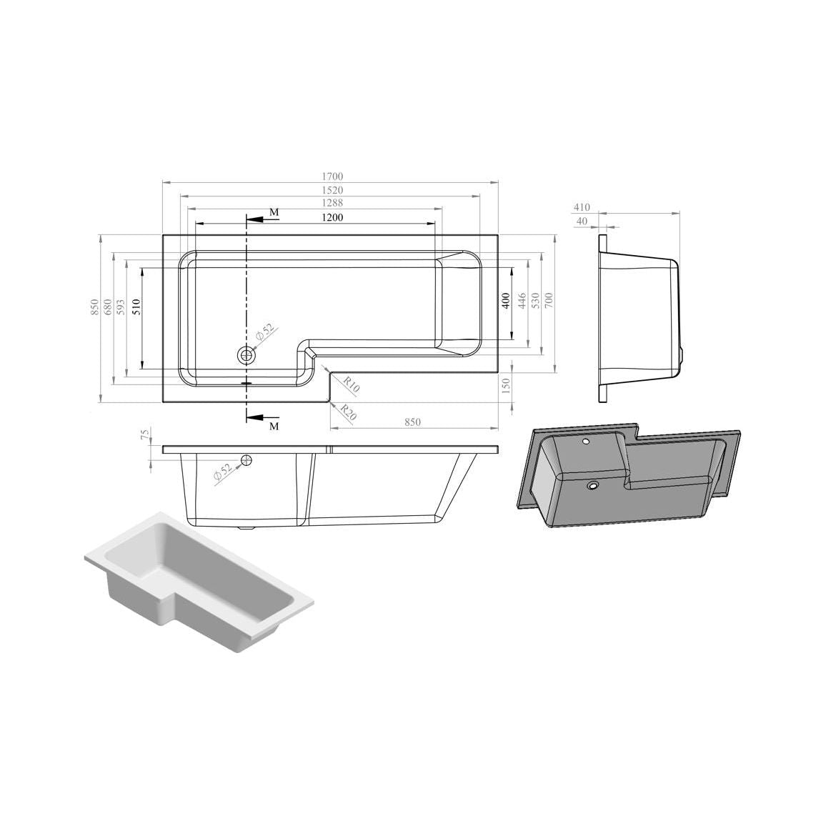 Extremo único en forma de L 1700x700-850x410 mm 0TH Solo baño (LH)