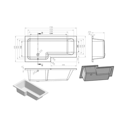 L-Shape Single End 1700x700-850x410mm 0TH Bath Only (LH)