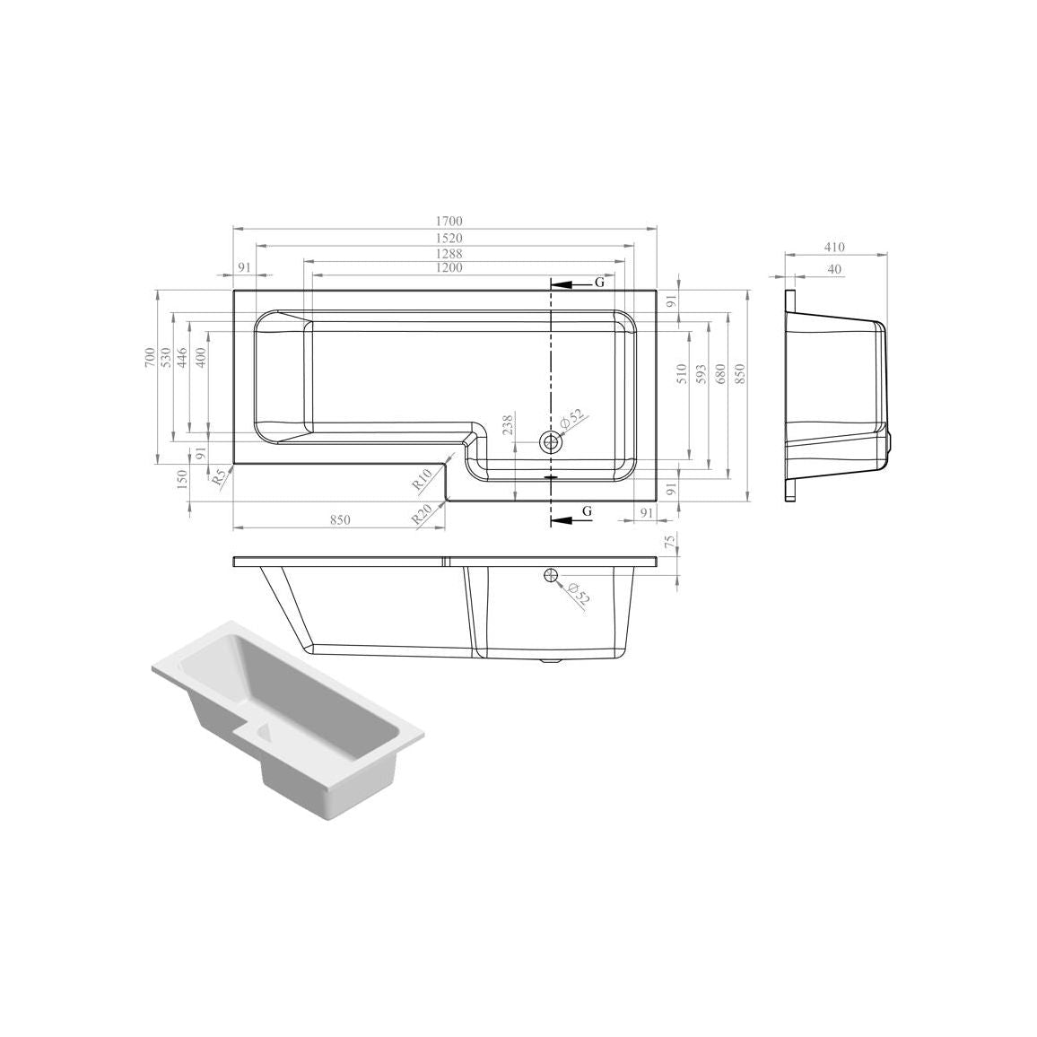 Forme L simple extrémité 1700x700-850x410mm 0TH bain uniquement (RH)