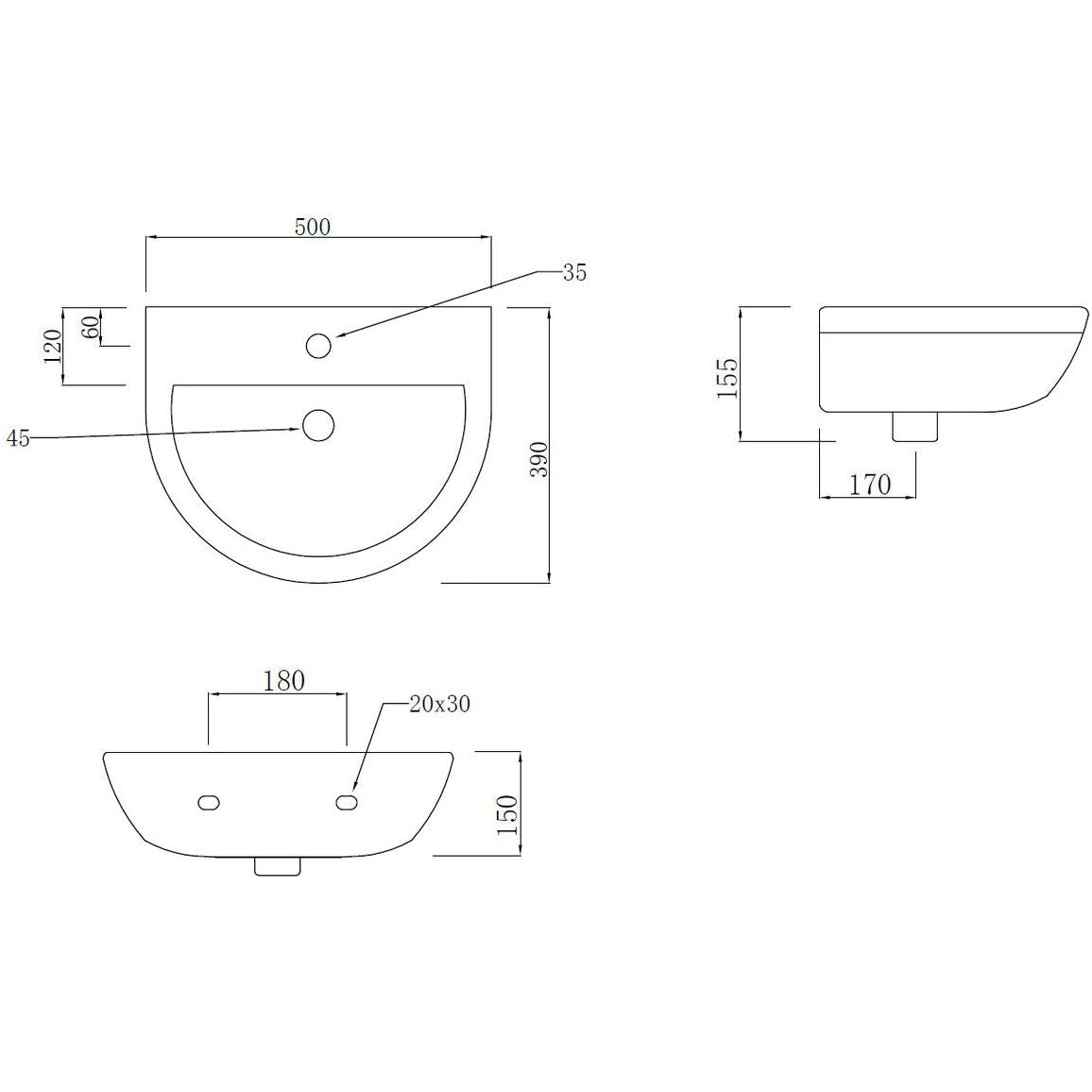 Floyer 500x390mm 1TH Lavabo et socle complet