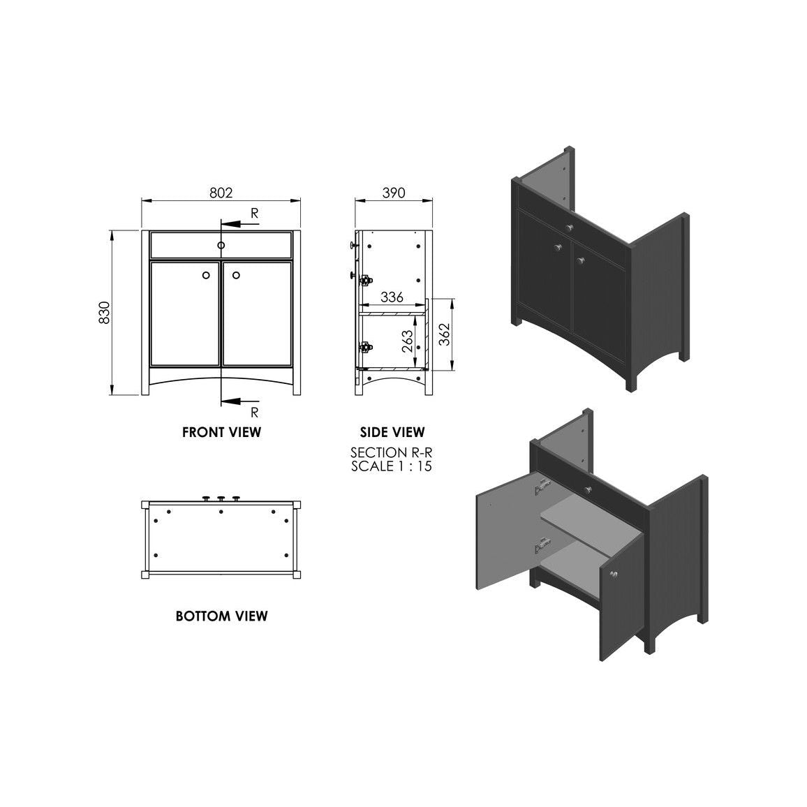 Meuble de lavabo sur pied Paddock 810 mm (sauf lavabo) - Frêne gris