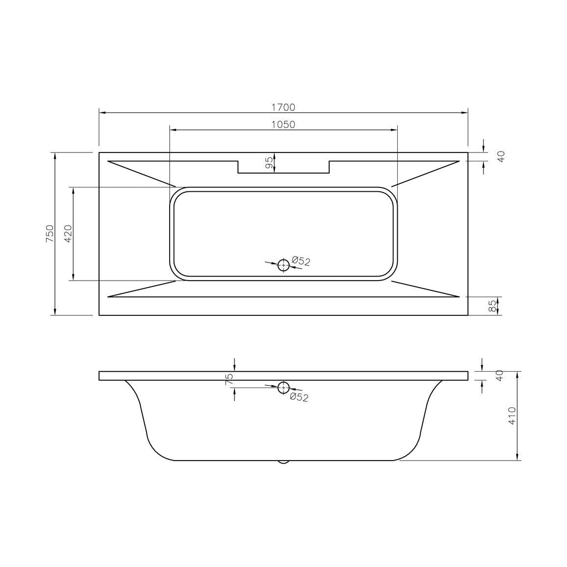 Ngadda Deluxe Square Double End 1700x750x550mm 0TH Bath w/Legs