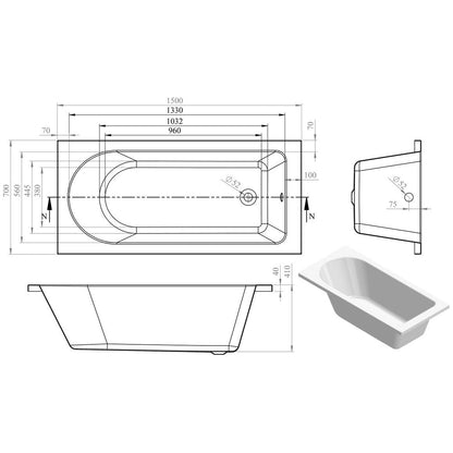 Nue Round Single End 1500x700x550mm 0TH Bath w/Legs