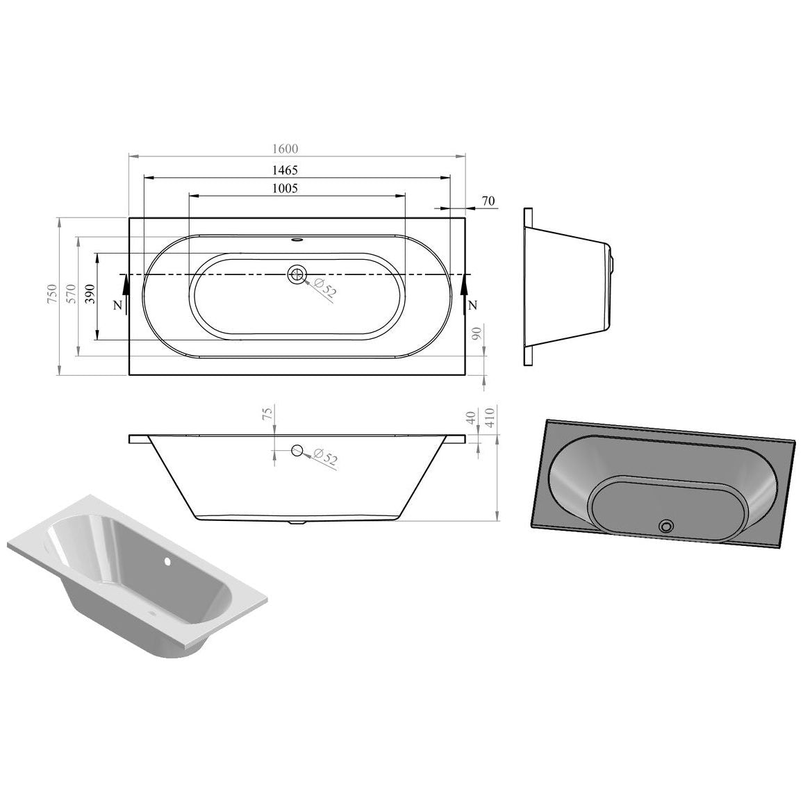 Nue Round Double End 1600x750x550mm 0TH Bath w/Legs